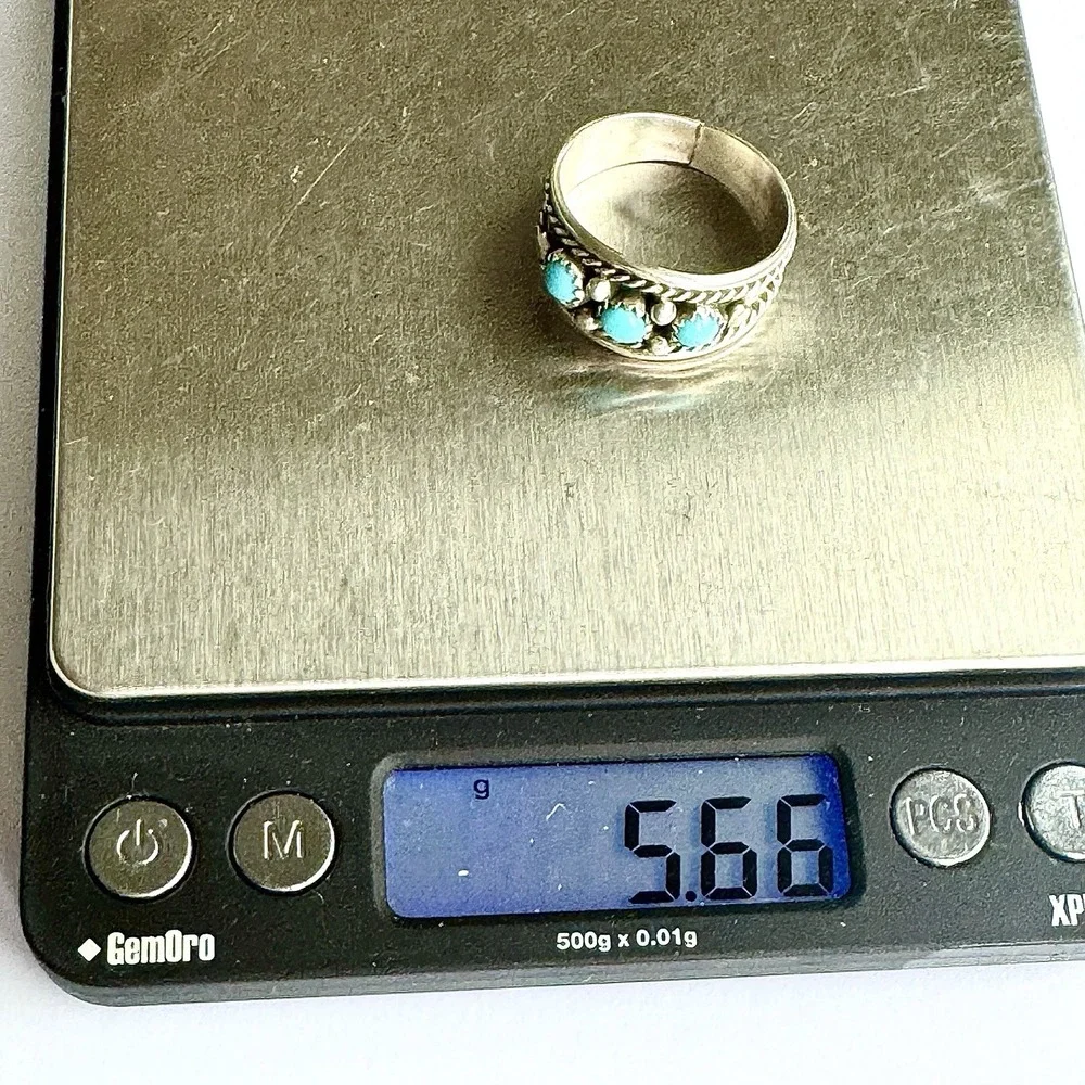 Navajo Turquoise Mens‎ Band Sz 12 Ring 13mm Three Stone Sterling Native Rope